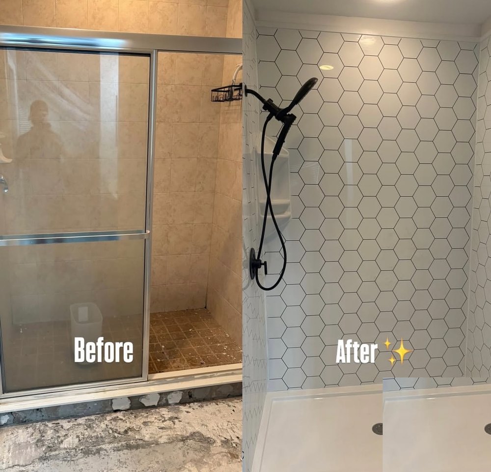 Before and after of a tub-to-shower conversion