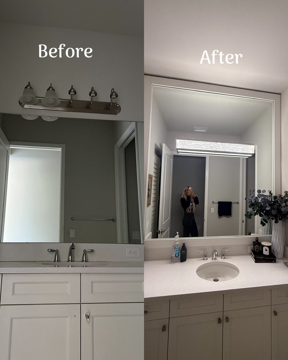 Before and after of a bathroom vanity remodel