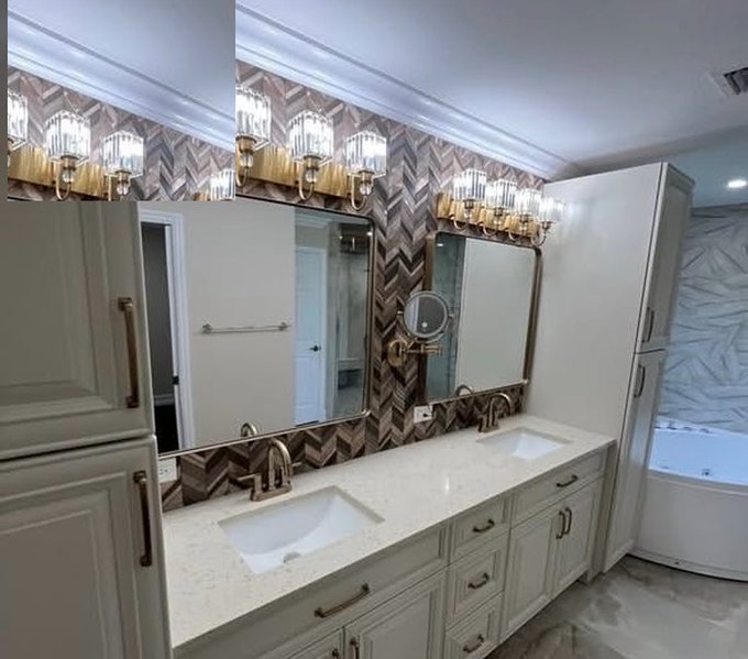 Finished bathroom remodel with a double-sink vanity by Verano